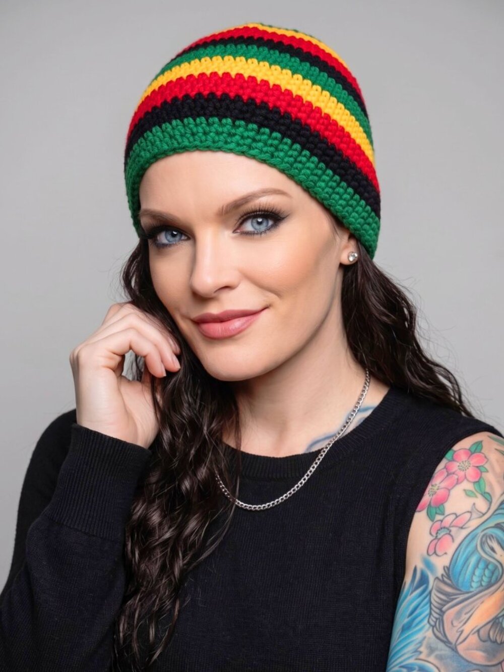 Dolls Kill ✦ Spark It Knit Beanie ✦ Rainbow Rasta Striped Crochet Soft Stretch